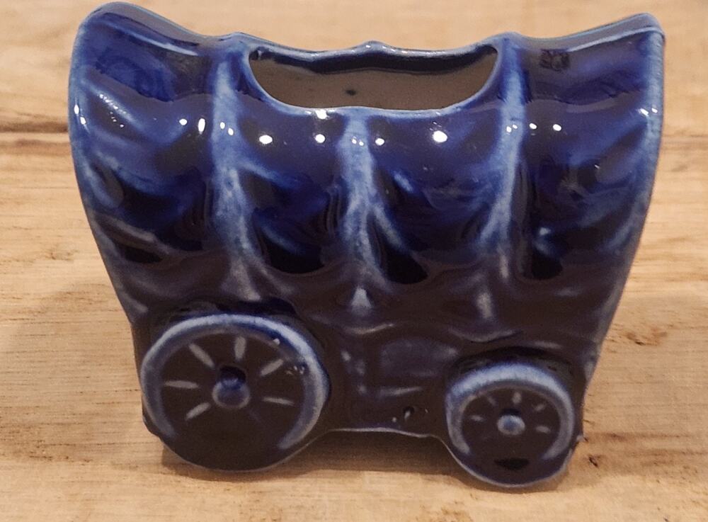 Vintage Toothpick Holder Cobalt Blue Covered Wagon